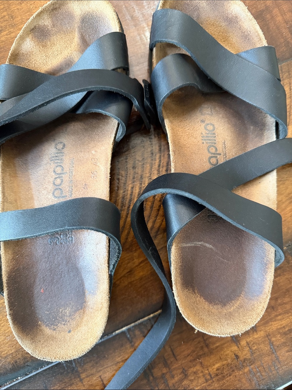 Papillio Black Leather Crossover Strap Sandals